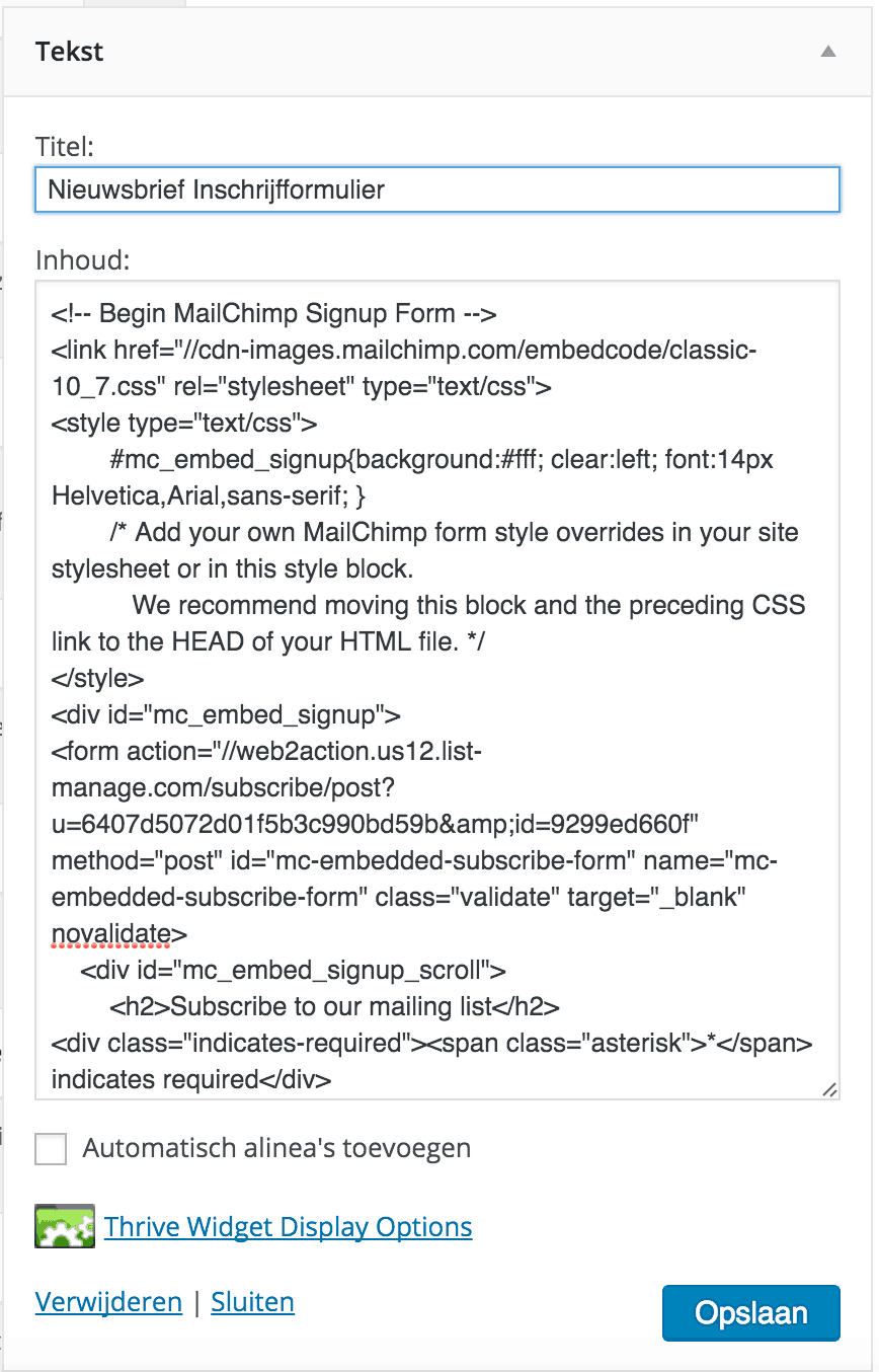 mailchimp formulier in sidebar widget